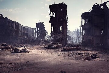 A post apocalyptic ruined city. Destroyed buildings, burnt out vehicles and ruined roads. 3D rendering. 3D Illustration