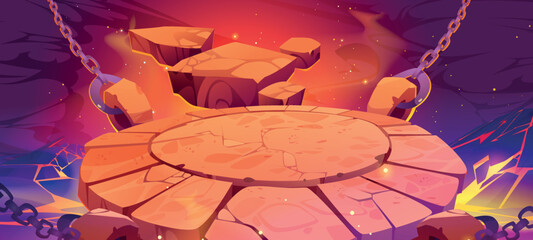 Battle arena in hell with lava, round rock platform hanging on chains in mysterious landscape with magma and red glow. Game background, fighting place for combat, Cartoon vector illustration © klyaksun