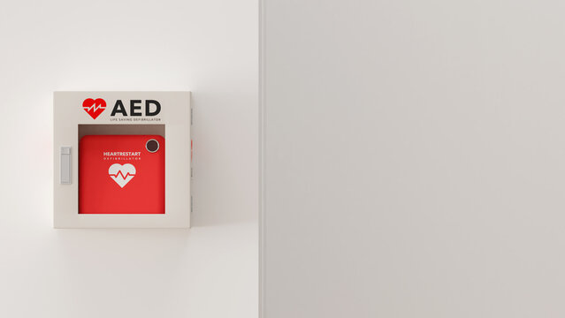 白い壁に取り付けられたAED（救命除細動器）のフォトリアルな3Dレンダリングイラスト