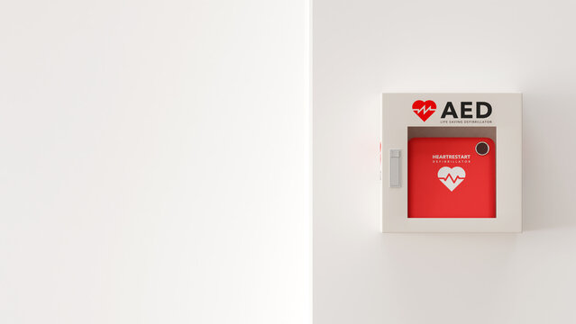 白い壁に取り付けられたAED（救命除細動器）のフォトリアルな3Dレンダリングイラスト