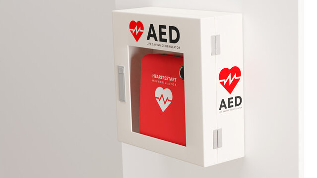白い壁に取り付けられたAED（救命除細動器）のフォトリアルな3Dレンダリングイラスト