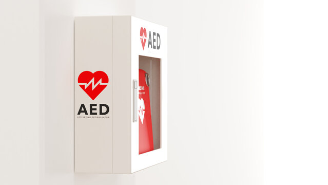 白い壁に取り付けられたAED（救命除細動器）のフォトリアルな3Dレンダリングイラスト