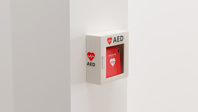 白い壁に取り付けられたAED（救命除細動器）のフォトリアルな3Dレンダリングイラスト