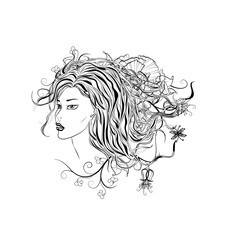 Beautiful girl on a flowers background. Isolated vector illustration. Elegant fashion female face in one line art style with flowers. Element design for prints, tattoos, posters, textiles, postcards. 