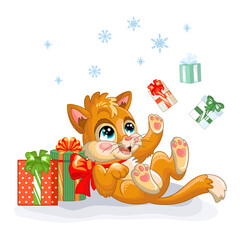 Christmas cute red kitten play with gifts vector illustration
