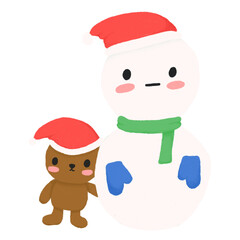 Illustration of a little bear wearing a Santa costume and a snowman.