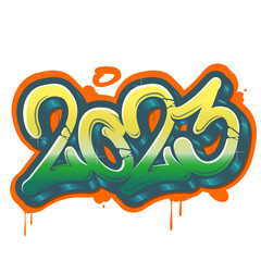 Sprayed 2023 graffiti tag with full color overspray on white. Vector illustration.