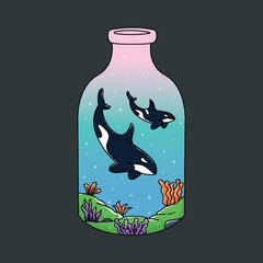 a milk bottle filled with a view under the sea, suitable for design purposes, posters, benders, stickers, t-shirts