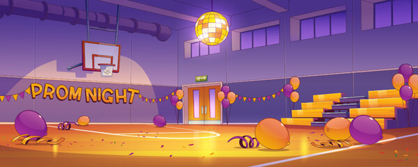 School gymnasium hall after prom night celebration. Empty dark college sport court interior with balloons, garlands, scatter confetti and on floor and stroboscope. Cartoon vector illustration - obrazy, fototapety, plakaty
