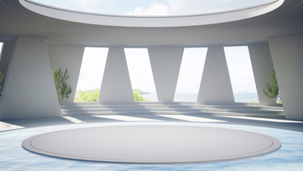 Empty round concrete podium floor and water in pool. 3d rendering of abstract interior space with sea view background.