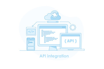 API integration - Application automating business process, running enterprise cloud computing system exchanging data concept.