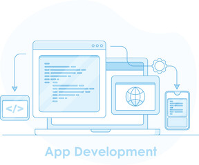 Software application development and testing on web and digital device, code programming on screen.