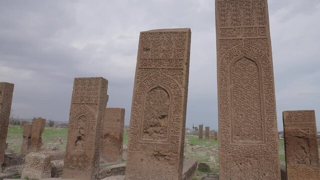 Ahlat Seljuk Cemetery belongs to the medieval period. We see the tombstones. It has been included in the UNESCO World Heritage Tentative List. Bitlis, Turkey