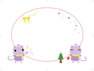クリスマスの円形フレーム（装飾付）　ネコ