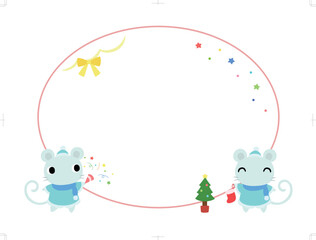 クリスマスの円形フレーム（装飾付）　ネズミ