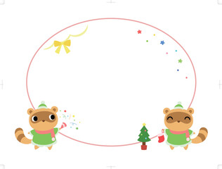 クリスマスの円形フレーム（装飾付）　タヌキ