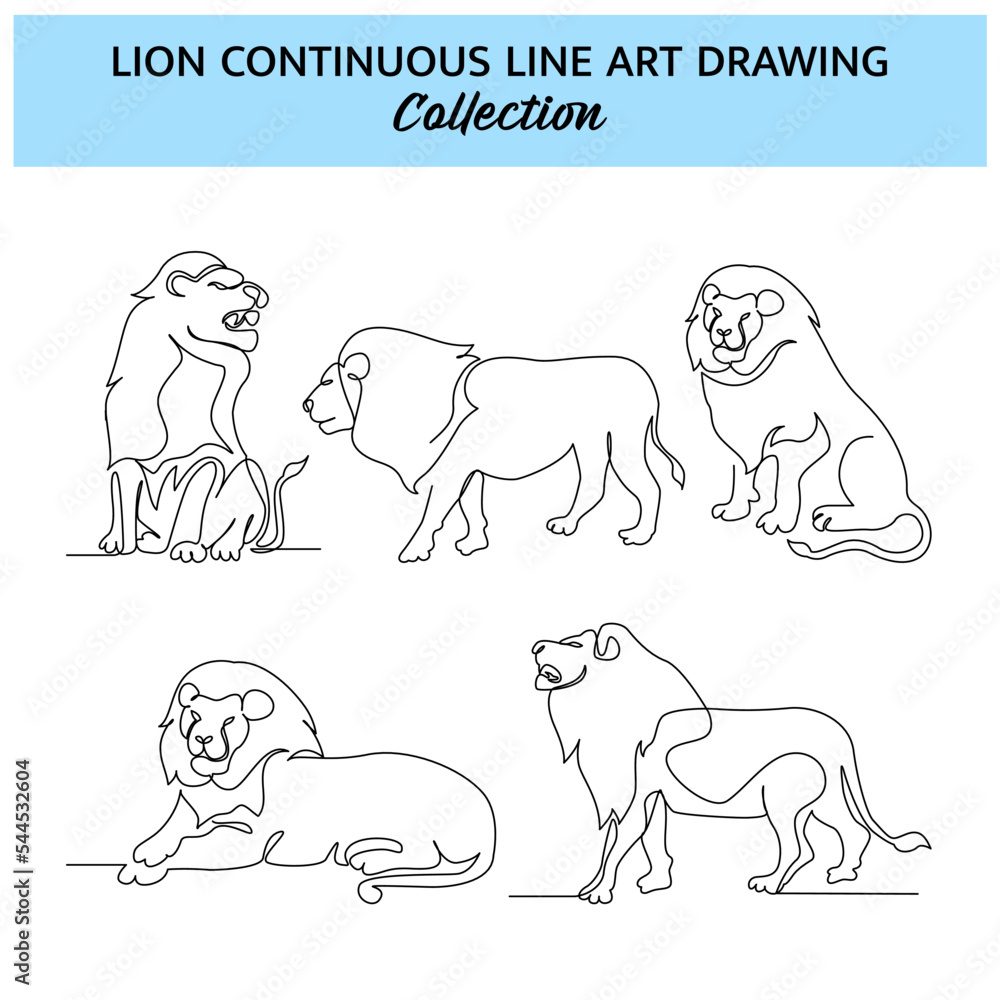 Aufkleber set of lion line design. wildlife decorative elements drawn with one continuous line. vector illustr