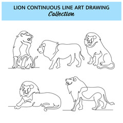 Set of lion line design. Wildlife decorative elements drawn with one continuous line. Vector illustration of minimalist style on white background.