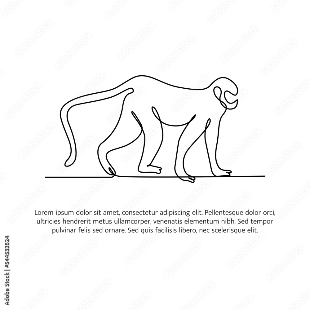 Poster monkey line design. wildlife decorative elements drawn with one continuous line. vector illustration