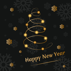 Fototapeta na wymiar Christmas greeting card with gold christmas tree and snowflakes