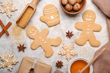 Composition with tasty Christmas cookies and ingredients on light background, closeup