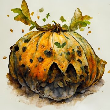 Rotten Pumpkin vegetable watercolor illustration sketch on white background