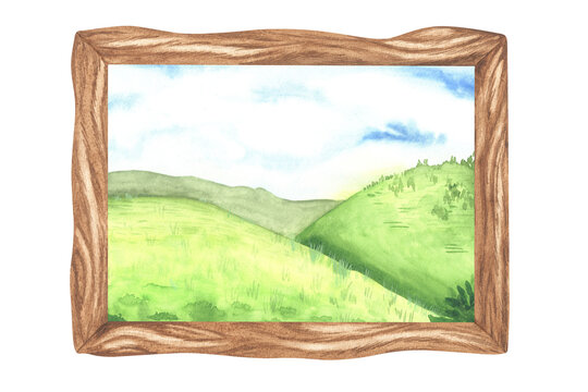 Picture in a wooden frame on which a landscape with green meadows. Green hill and blue sky. Watercolor illustration. Isolated on a white background. For your design stickers, organic products etc
