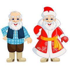 Cheerful gray-haired grandfather in rustic clothes and felt boots. Russian Santa Claus. Character for the New Year's card, postcards, stickers. Vector character