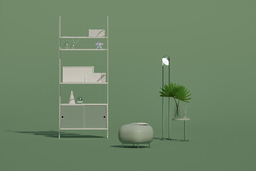 Interior of the room in plain monochrome pastel green color with furnitures and room accessories. Light background with copy space. 3D rendering for web page, presentation or  backgrounds.