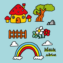 hand drawn enchanted garden elements set