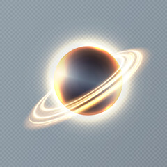 Abstract futuristic design of the planet saturn in light performance on a transparent background. © MAKSYM