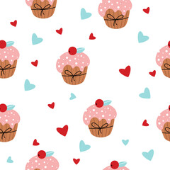 Seamless pattern with cupcakes and hearts on white background, vector pattern in flat cartoon style