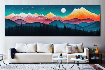 Beautiful natural scenery mountains and colorful trees and colorful moon, minimal art landscape, mountain wall art, abstract boho nature wall, ideal art to decorate your living room or office.