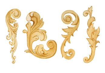 Set gold monogram floral ornament. Baroque design isolated elements. watercolor illustration. Watercolor drawing fashion aquarelle.