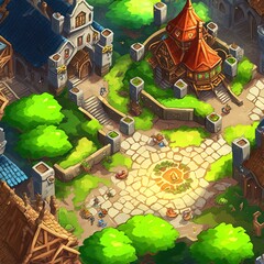 Game Map, Game Board, Top View. Medieval Style. Video Game's Digital CG Artwork, Colorful Concept Illustration, Realistic Cartoon Style Background