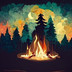 Watercolor illustration. Camping, hand-drawn speech. Cautiously fire. Risk of fire. - 544535023
