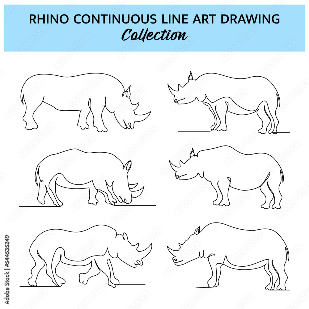 Poster set of rhino line design. wildlife decorative elements drawn with one continuous line. vector illust