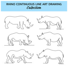 Set of rhino line design. Wildlife decorative elements drawn with one continuous line. Vector illustration of minimalist style on white background.