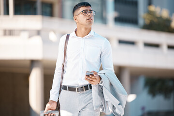 Business trip, man and traveler with smartphone, suitcase and vacation for tourism, social media...
