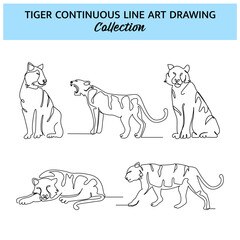 Set of tiger line design. Wildlife decorative elements drawn with one continuous line. Vector illustration of minimalist style on white background.