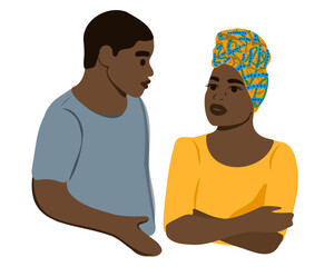 African American man and woman, husband and wife, or parents are different, discuss or solve family issues or parenting problems, conflict. Vector illustration