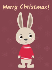 Christmas postcard with cute bunny in red sweater with text Merry Christmas on background with snowflakes.