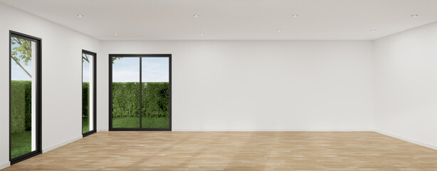 Interior design 3D rendering of modern office or apartment. Wooden parquet floor empty room and white wall.