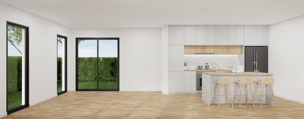 Counter on parquet floor near bright kitchen in modern house or luxury villa. White home interior 3d rendering with garden view.
