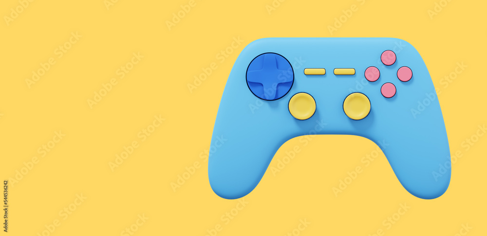 Poster realistic console game controller. multicolored icon on yellow background with space for text. 3d re