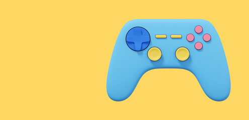 Realistic console game controller. Multicolored icon on yellow background with space for text. 3D rendering.