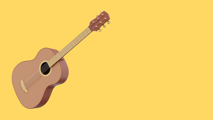 Realistic acoustic guitar. 3D rendering. Icon on yellow background, space for text.