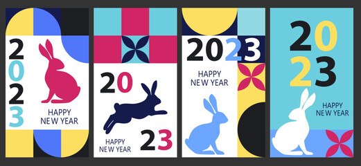 2023 Happy New Year posters set. Vector design templates on geometric style.Minimalistic trendy background