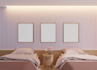 Mock up frame beige tones style scandinavian, bohemian style interior bedroom.3d rendering