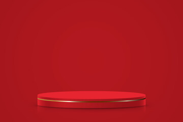3d product display podium platform. 3d realistic red cylinder pedestal podium. The stage for the showcase. Minimal wall scene for mockup product display. 3d podium vector illustration. 3d background.
